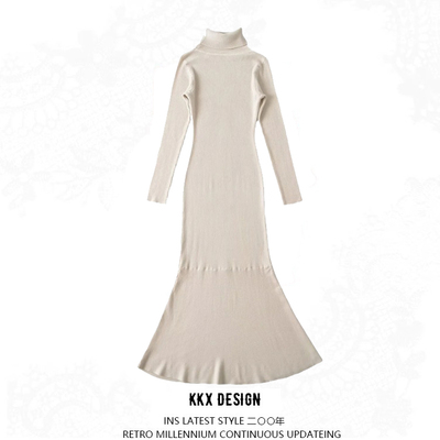 High collar long sleeve knitted dress bottom hip fishtail knee-length dress