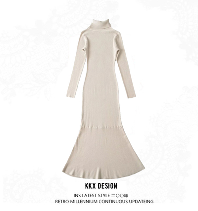 High collar long sleeve knitted dress bottom hip fishtail knee-length dress