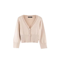 V-neck single-breasted three-quarter sleeve knitted sweater high waist short cardigan - Thumbnail 2