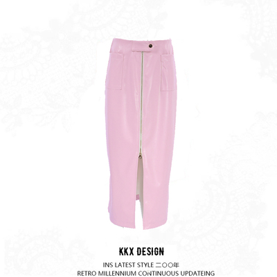 Fashion pink pu leather skirt commuting hip straight skirt