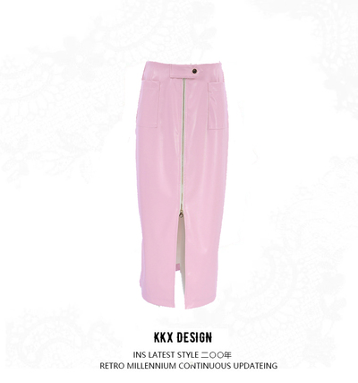 Fashion pink PU leather skirt commuting hip straight skirt
