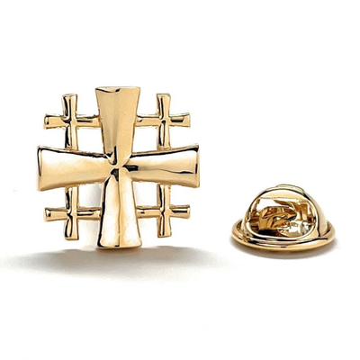 Jerusalem cross lapel pin crusaders shield cut out design gold tone 3d five-fold cross pin tie tack lanyard pins