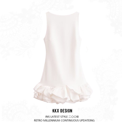 Retro slim waist contrast ribbed wide pleated dress