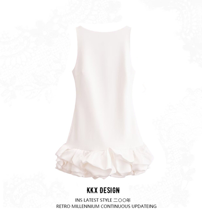 Retro slim waist contrast ribbed wide pleated dress