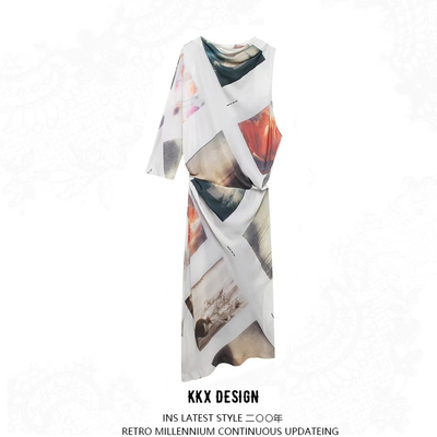 Swing collar printed asymmetric maxi dress