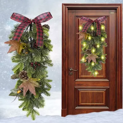 26" Christmas Teardrop Swag with Fairy Lights, Battery Operated Artificial Pre-lit Decorative Teardrop Wreath 