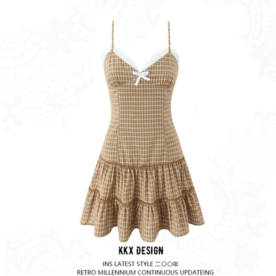 Vintage plaid lace bow sling dress