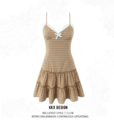 Vintage Plaid Lace Bow Sling Dress