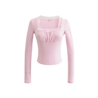 Lace Panel Square Neck Long Sleeve T-shirt Low Waist Bow Decorated Slim Fit Hottie Shorts Set - Thumbnail 6