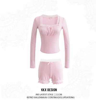 Lace Panel Square Neck Long Sleeve T-shirt Low Waist Bow Decorated Slim Fit Hottie Shorts Set
