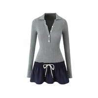 Lapel half-button long-sleeved knitted dress with contrasting drawstring pleated skirt - Thumbnail 3