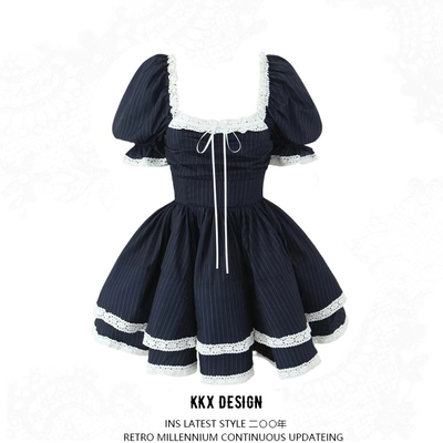 British style oversized double-layer hem princess tutu skirt women's summer new square collar lace splicing princess dress
