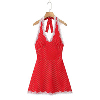 Retro lace stitching deep V-neck halter dress - Thumbnail 4