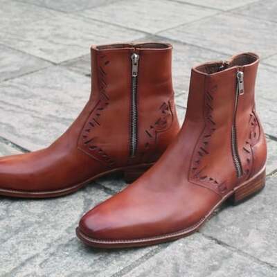 Crafted leather handmade men side zipper brown leather ankle jodhpur dress boot