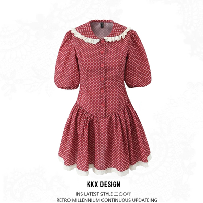 Lace patchwork baby doll collar puff sleeve dress