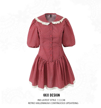 Lace patchwork baby doll collar puff sleeve dress