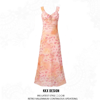 Long suspender dress french style sweet floral slim dress
