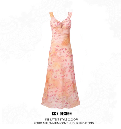 Long suspender dress French style sweet floral slim dress
