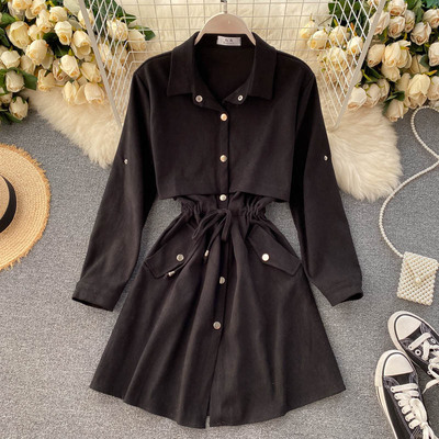 Autumn New Women's Dress POLO Collar Strap Waist Short A-line Skirt