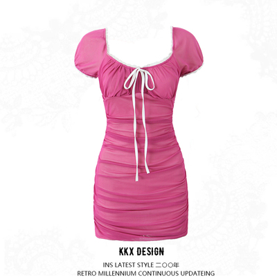 Sexy lace lace mesh pleated slim dress