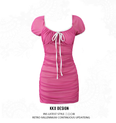 Sexy lace lace mesh pleated slim dress