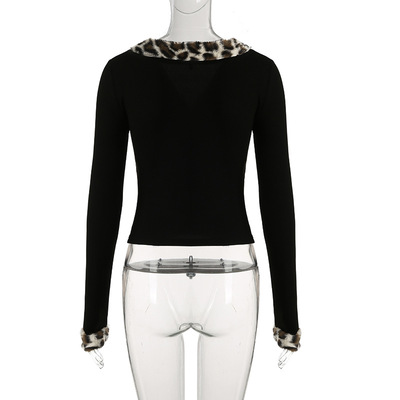 Leopard print fur collar spliced ​​hottie top