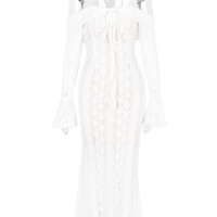 Long-sleeved lace one-shoulder fishtail floor-length dress white dress - Thumbnail 6