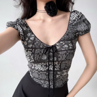 Retro deep v black floral short-sleeved T-shirt - Thumbnail 1