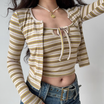 Retro striped chest strap suspenders long-sleeved cardigan women's short two-piece suit