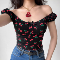 Cherry full print low cut round neck short sleeves women's puff sleeve slim fit T-shirt - Thumbnail 1