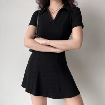 Simple lapel short-sleeved black dress - Thumbnail 3