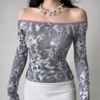 Sexy one shoulder printed long sleeve T-shirt women's lace hot girl top - Thumbnail 1