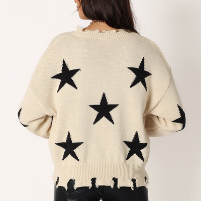 Star jacquard pattern round neck long sleeve loose sweater knit sweater