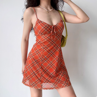 Retro orange plaid suspender skirt women's summer sexy dress - Thumbnail 3
