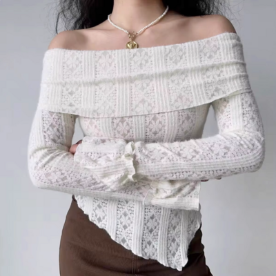 Jacquard hollow shoulder knitted long-sleeved t-shirt