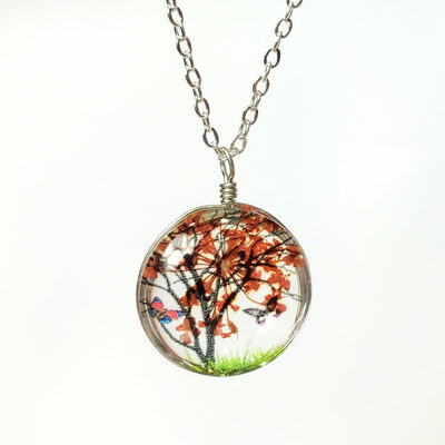Pressed flower necklace with autumn fall colors