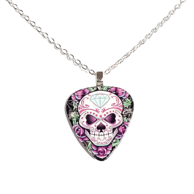 Diamond sugar skull guitar pick necklace