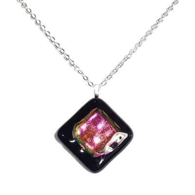 Pink dichroic sparkle on black fused glass necklace