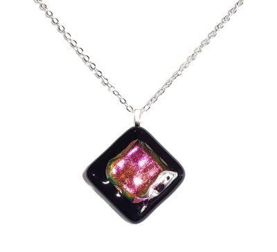 Pink Dichroic Sparkle on Black Fused Glass Necklace