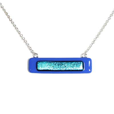 Dichroic teal blue on blue fused glass bar necklace