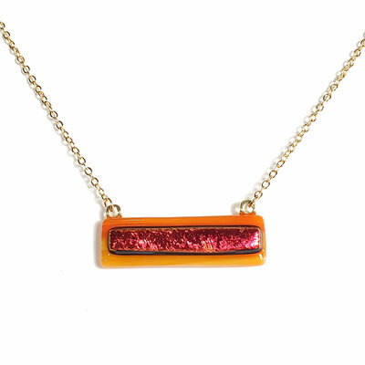 Dichroic red on orange fused glass bar necklace