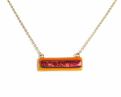 Dichroic Red on Orange Fused Glass Bar Necklace