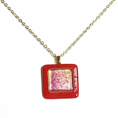 Pink dichroic on red fused glass necklace