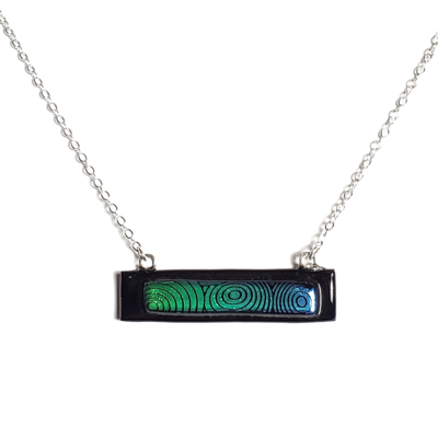 Dichroic green circles on black fused glass bar necklace
