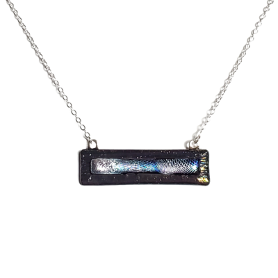 Geometric silver and blue dichroic on metallic black fused glass bar necklace