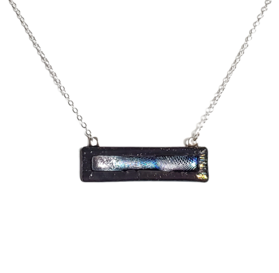Geometric Silver and Blue Dichroic on Metallic Black Fused Glass Bar Necklace