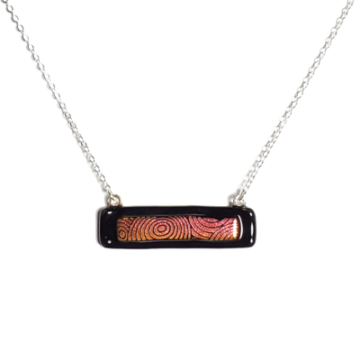 Dichroic orange circles on black fused glass bar necklace