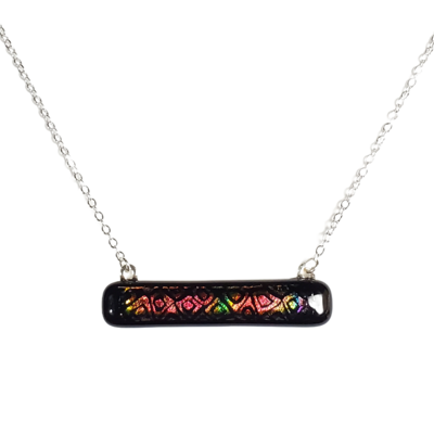 Dichroic red cells on thin black fused glass bar necklace