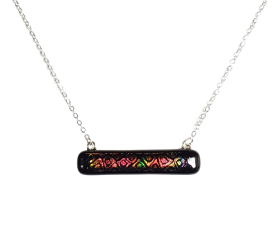 Dichroic Red Cells on Thin Black Fused Glass Bar Necklace
