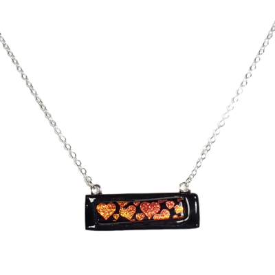 Dichroic hearts on black fused glass bar necklace